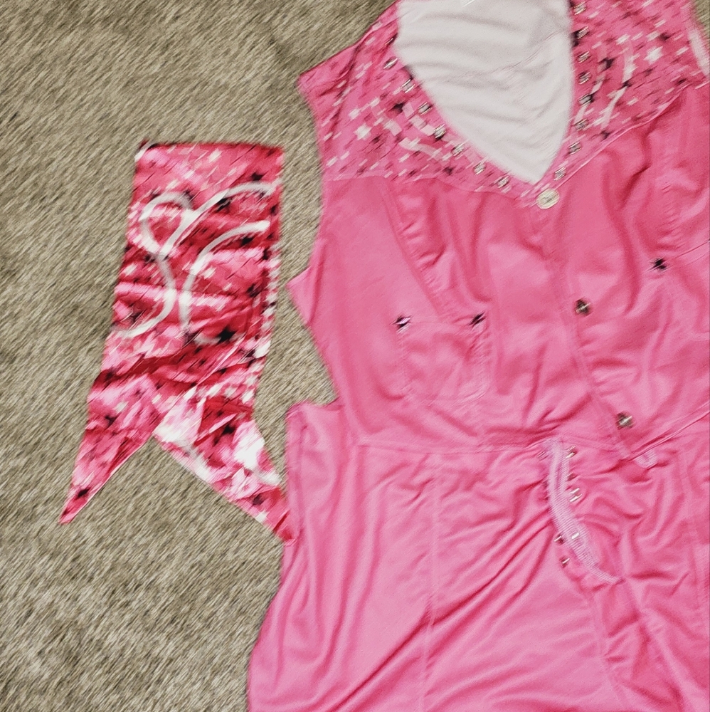 Halloween costume, 70's outfit bell bottoms w/vest head wrap, pink with stars